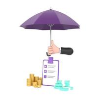 Hand hold purple umbrella Piles of golden coins and banknotes. photo