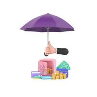 hand hold purple umbrella Piles of golden coins, banknotes and safe. photo