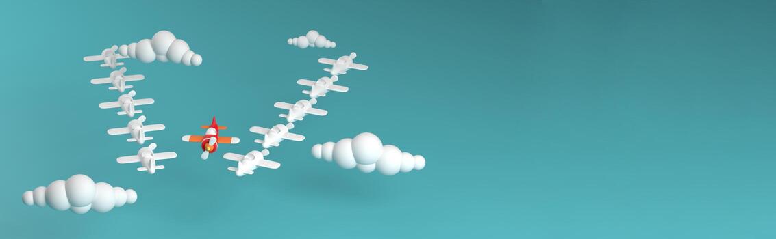 Group of white airplane in one direction and one red airplane pointing in different way on blue background sky and cloud. Business for new ideas creativity, innovative and solution concepts. photo