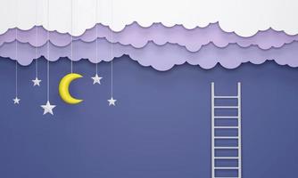 Paper art style, hanging clouds, stars, moon and stairs in the blue sky. photo