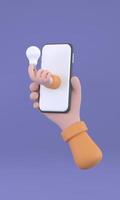 business, technology, startup, idea and people concept. hand holding smartphone with light bulb icon photo