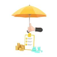 Hand hold yellow umbrella Piles of golden coins and banknotes. photo