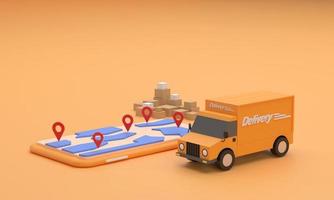 Delivery truck and Mobile showing navigator maps, destination symbols, delivery, online shopping, speed photo
