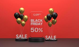 promotion Black Friday on mobile with balloons on a red background. photo