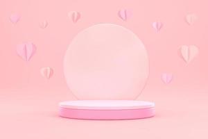 Pink podium and pink heart on pink background. Business concept showcase. photo