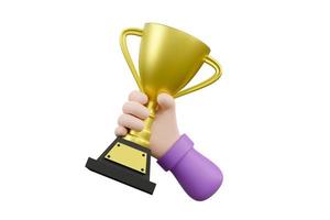 Cartoon businessman character hand holding victory prize cup trophy photo