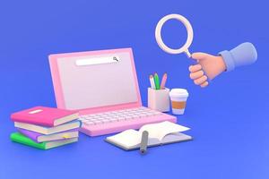 3D. hand holding magnifying glass and readiness to study laptop for educational information photo