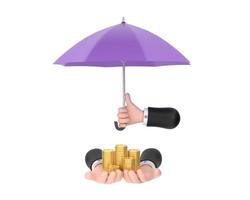 paraguas púrpura protección monedas mano sosteniendo pila de dinero ahorros un negocio. foto