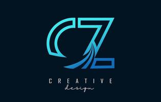 Outline blue letters CZ c z logo with leading lines and road concept design. Letters with geometric design. vector