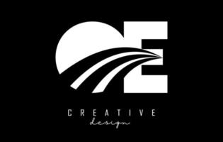 Creative white letters OE o e logo with leading lines and road concept design. Letters with geometric design. vector