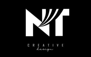 Creative white letters NT n t logo with leading lines and road concept design. Letters with geometric design. vector