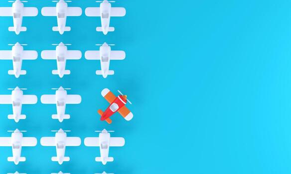 Group of white airplane in one direction and one red airplane pointing in different way on blue background. Business for new ideas creativity, innovative and solution concepts. photo