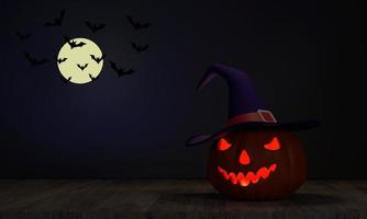 sombrero de bruja de calabaza fantasma noche de halloween en el suelo de madera. el fondo es una luna llena y los murciélagos dan miedo foto