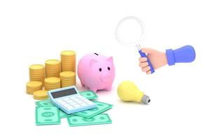 hand holding magnifying glass and piggy bank, coins, banknotes and calculator. business saving. photo