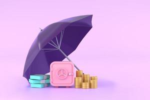 Piles of golden coins, banknotes and safe under purple umbrella. photo