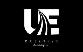 Creative white letters UE u e logo with leading lines and road concept design. Letters with geometric design. vector