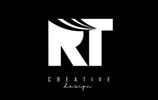 Creative white letters RT R t logo with leading lines and road concept design. Letters with geometric design. vector