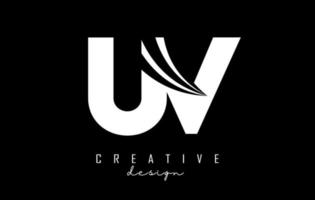 Creative white letters UV u V logo with leading lines and road concept design. Letters with geometric design. vector