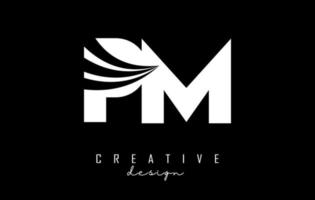 Creative white letters PM p m logo with leading lines and road concept design. Letters with geometric design. vector