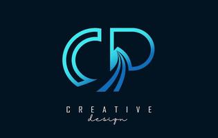 Outline blue letters CP c p logo with leading lines and road concept design. Letters with geometric design. vector