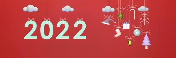 2022 Christmas decorations hanging party on red background. photo