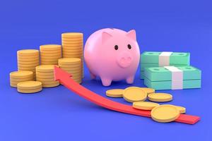 Piggy bank, stacks of coins, banknotes. concept business investment. photo