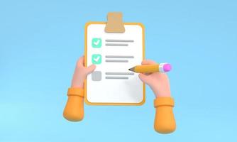 3D. Hand signing document. Hand filling checklist on clipboard. photo