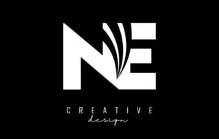 Creative white letters NE n e logo with leading lines and road concept design. Letters with geometric design. vector