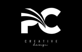 Creative white letters PC p c logo with leading lines and road concept design. Letters with geometric design. vector