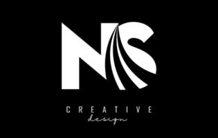 Creative white letters NS n s logo with leading lines and road concept design. Letters with geometric design. vector