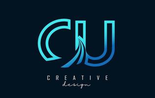 Outline blue letters CU c u logo with leading lines and road concept design. Letters with geometric design. vector