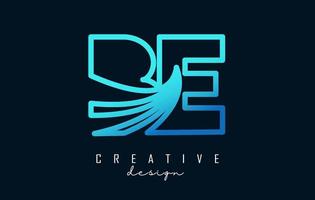 Outline blue letters BE b e logo with leading lines and road concept design. Letters with geometric design. vector