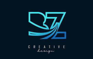 Outline blue letters BZ b z logo with leading lines and road concept design. Letters with geometric design. vector