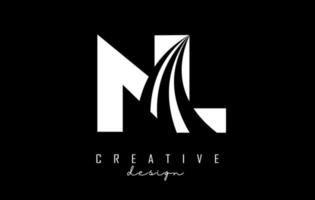 Creative white letters NL n l logo with leading lines and road concept design. Letters with geometric design. vector