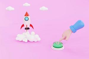 Cartoon hand presses the button and launches a rocket or spacecraft, the concept of a startup photo