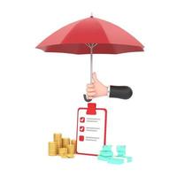 Hand hold red umbrella Piles of golden coins and banknotes. photo