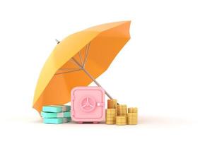 Piles of golden coins, banknotes and safe under yellow umbrella. photo