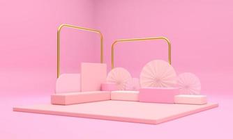 The scene and the pink podium and the golden pillars look outstanding and luxurious, promoting valuable products. in the pink studio. Scene stage mockup showcase for product, sale, banner, photo