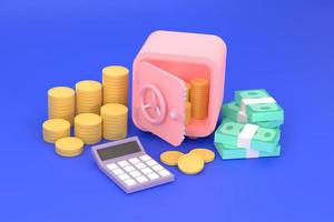 Safe, coins, banknotes and calculator for symbol business saving. photo