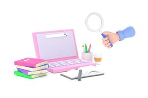 hand holding magnifying glass and readiness to study laptop for educational information photo