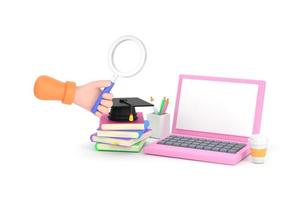 hand holding magnifying glass and study laptop educational information photo