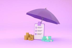 Piles of golden coins and banknotes under purple umbrella. photo