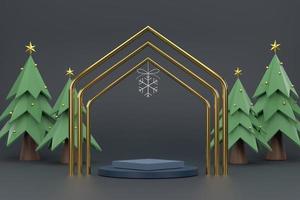 A circular podium near a ring with stars, photo frame, Christmas tree.