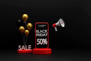 Black Friday promotion with balloons and megaphones on a black background. photo