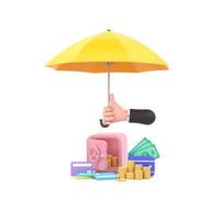 hand hold yellow umbrella Piles of golden coins, banknotes and safe. photo