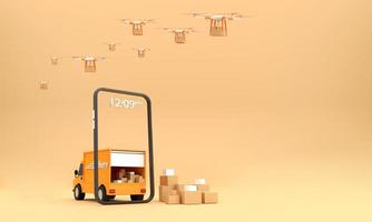 Selling online with mobile phones that is ready to deliver by drone and delivery truck. photo