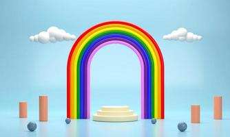 The circular podium is arranged in layers beneath a sweet, cute rainbow pillar and floating white clouds. scene stage mockup showcase for product, sale, banner, presentation, cosmetic. photo