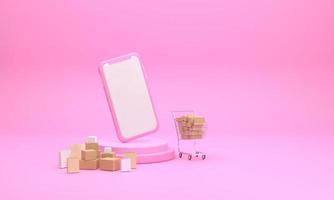 Online shopping with a mobile phone with a cart in the supermarket and parcel box as a component on pink background.concept photo