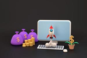 computer and a pile of coins with a bag of money. A rocket soared up on sky. business idea. photo