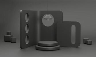 minimal studio with black luxury perforated partitions. and there is a circular podium for displaying business products. wall hanging lamp. photo